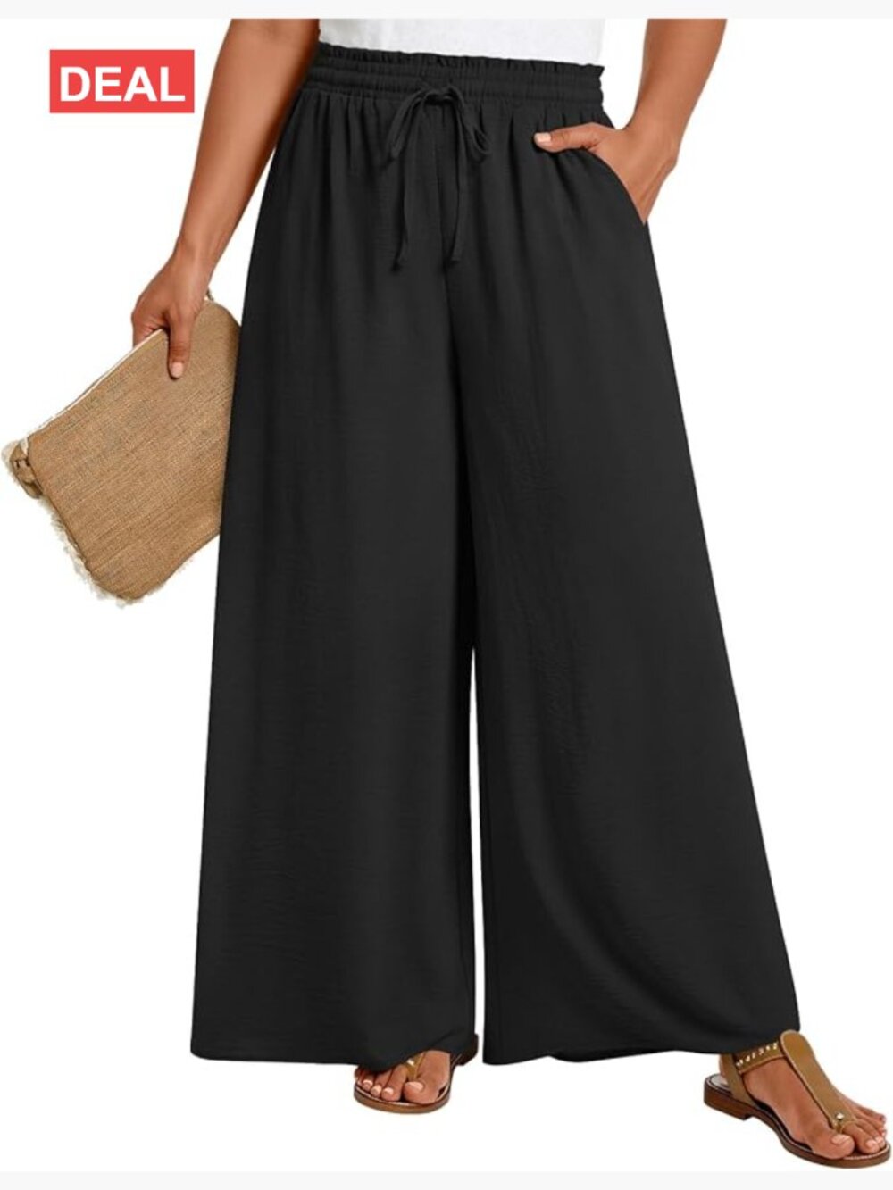 Plus Size Wide Leg Palazzo Pants with Pockets - High Rise Drawstring